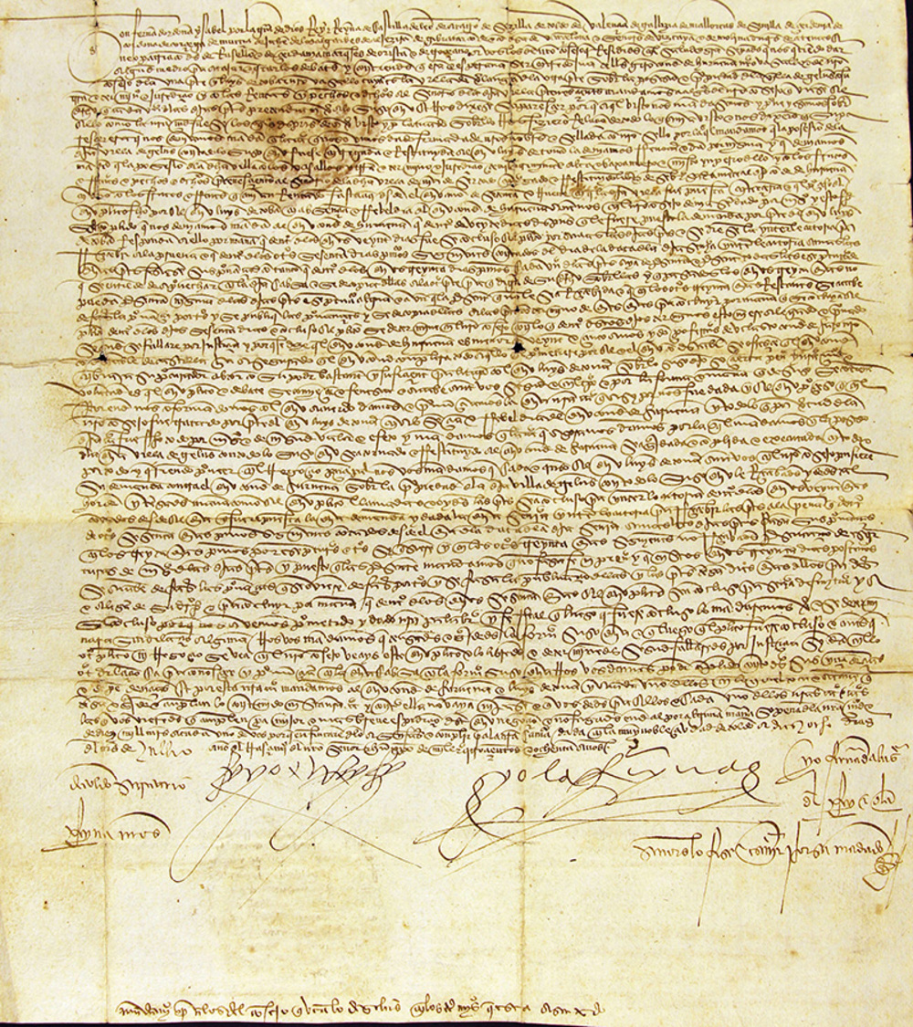 Manuscrito de 1480, firmado por los reyes Isabel de Castilla y Fernando de Aragón.